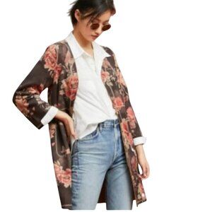 Anthropologie Solitaire NWOT Brown Suede Floral Open Front Kimono Jacket Size M